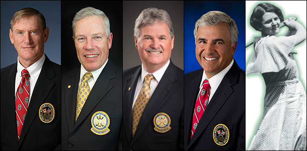 2015 Pacific Northwest Golf Hall of Fame Inductees (L-to-R): Tom Brandes, Steve Prugh, Pat Huffer, Chris Maletis, and Hilda (McAuslan) Beck.