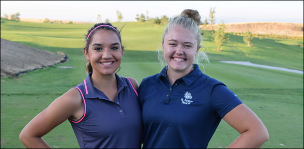 Jalayne Martinez (left) of Pasco, Wash. and Kelly Hooper of Spokane, Wash. on the first tee this morning prior to facing each other in the final match of the 60th Pacific Northwest Junior Girls’ Amateur, being held at RedHawk GC in Nampa, Idaho.