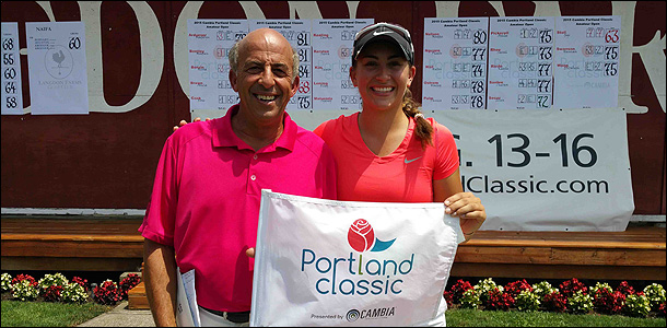 Gigi Stoll of Beaverton, Ore. won last year's Cambia Portland Classic Amateur Open by setting a course record. Tom Maletis (left), president of Tournament Golf Foundation, was on hand to congratulate Stoll. Stoll was named the 2015 PNGA Women's Player of the Year.