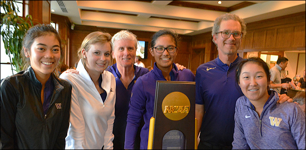 Mulflur (third from left) and assistant coach David Elaimy (second from right) and members of the team shine with the national championship trophy at a reception held at Aldarra Golf Club. (Photo by Bob Sherwin)