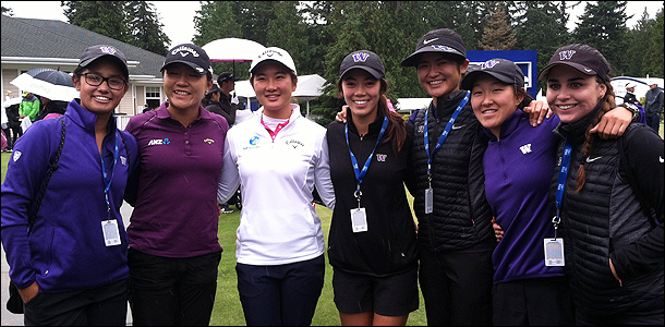 In the afterglow of their national championship, the UW women's golf team made many appearances as a group. At the KPMG Women’s PGA Championship at Sahalee, they assisted in giving a junior clinic for The First Tee kids and hobnobbed with World No. 1 Lydia Ko (second from left). (Photo by Jeff Job)