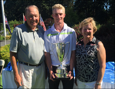 2016 Pacific Coast Amateur Champion Will Zalatoris (middle) stayed at the home of Bruce Richards (left) and wife Gail (right) during the week of the championship. Bruce, a member of the PNGA Board of Directors, caddied for Zalatoris two of championship's four rounds, while Gail caddied the other two rounds.