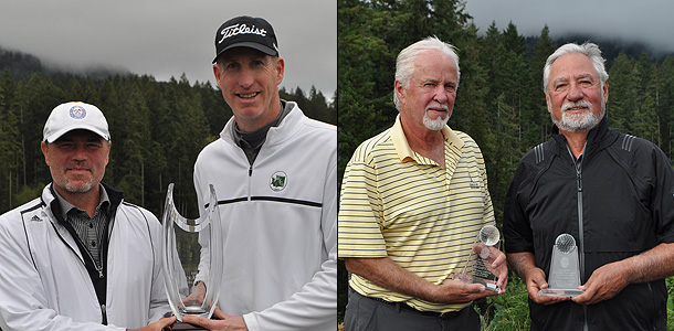 Craig Larson and Erik Hanson, winners of the Men's Senior Team title; and Charlie Wozow and Toat Brandvold, winners of the  Men's Super Senior title.