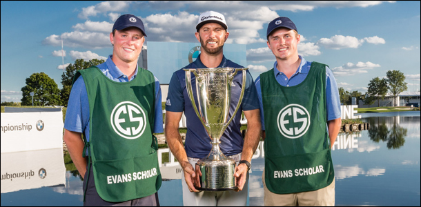 The PGA Tour's BMW Championship winner Dustin Johnson with Oregon Evans Scholar Jake Keady (left) and Washington Evans Scholar John Marks (right). The two caddies spent the week at Crooked Stick helping out and representing the Evans Scholars.