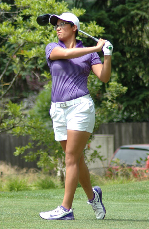 Julianne Alvarez tees off during the final round of match play.