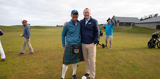 Course designer David McLay Kidd (left) and Bandon Dunes general manager Don Crowe were on hand last year to greet players at the resort’s 20th anniversary celebration. 