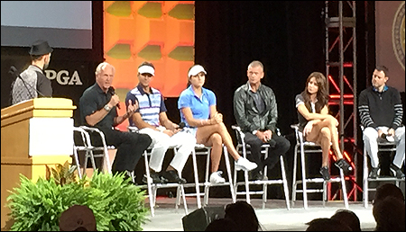 Greg Norman (seated, left) discusses his broadcasting duties for the 2015 U.S. Open.